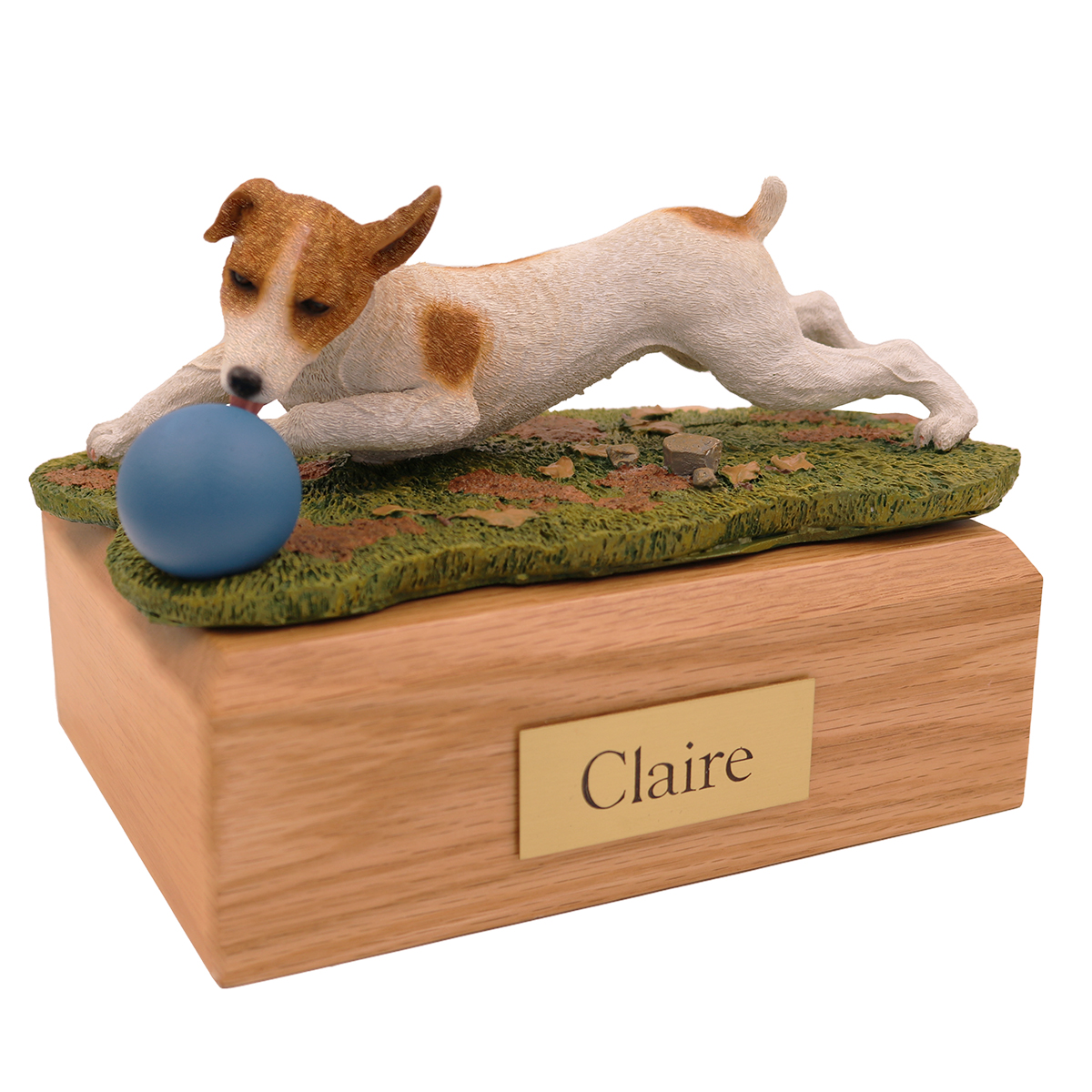 Dog, Jack Russell Terrier, Brn/White w/Ball - Figurine Urn